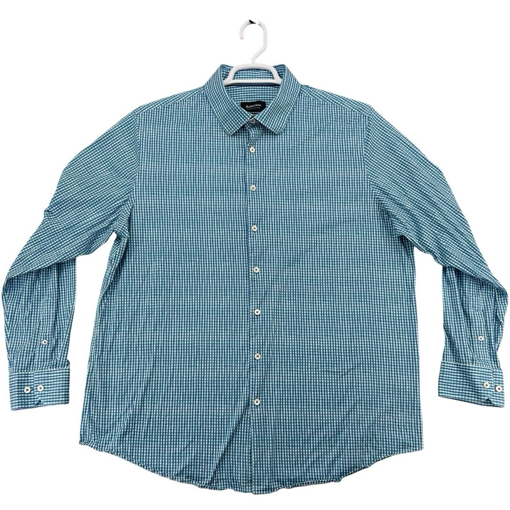 Bugatchi OoohCotton Tech 8 Way Stretch Shirt Men's XXL Blue Green Check Long Sle